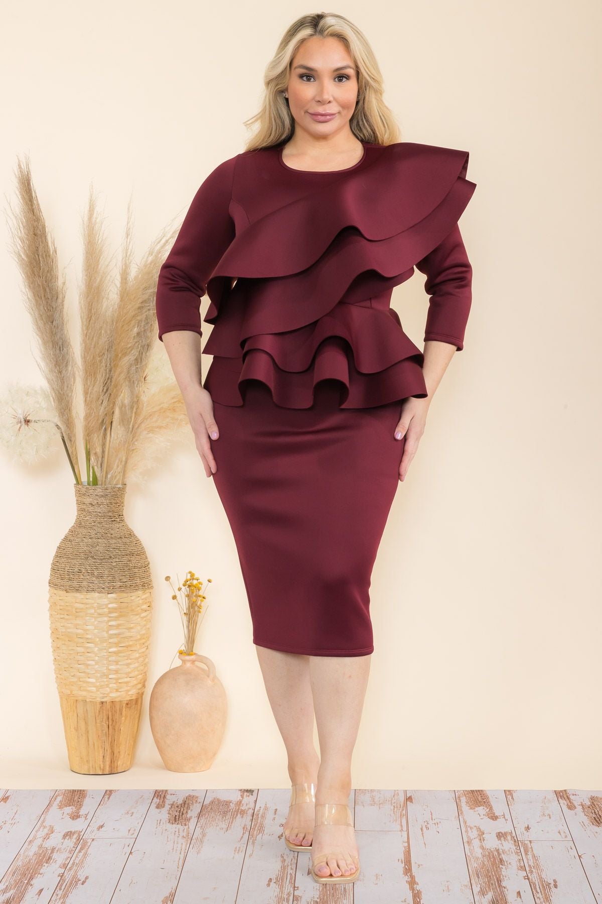 Plus Size Double Layer Detail Front and Double Ruffle Hem Peplum Midi