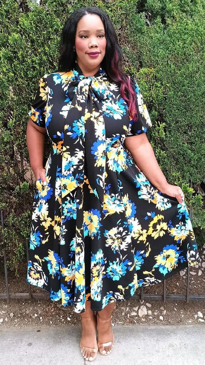 Hi Curvy Plus Size Flora Print Bow Collar Fit & Flare Midi Dress