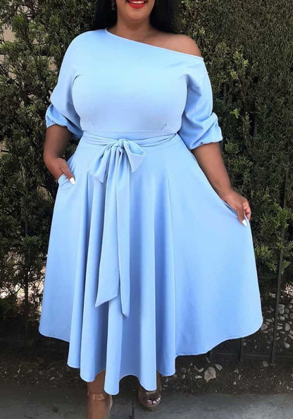 HI Curvy Plus Size women boat neck  Flare maxi Dress 