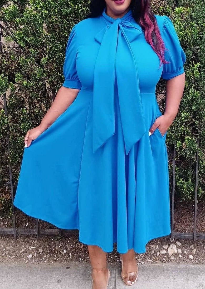 Hi Curvy Plus Size Women Bow Collar Fit & Flare Midi Dress
