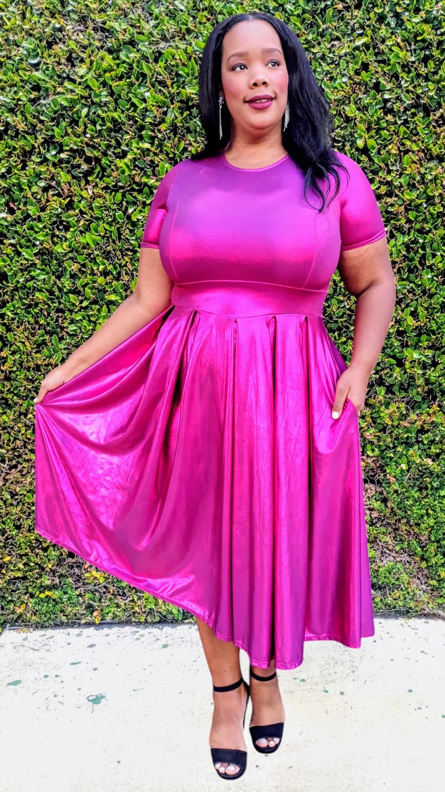 pink metallic dress plus size Plus Size - At The Knee Sequin Strong Shoulder Dress