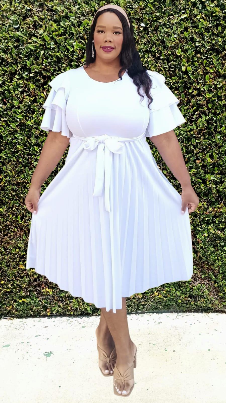 Plus Size double Ruffled Sleeves Pleated Flare Midi Dresses Made In USA