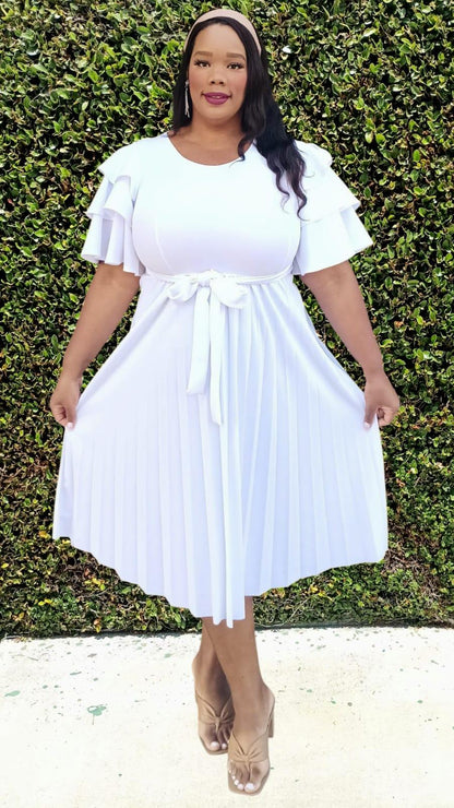 Plus Size double Ruffled Sleeves Pleated Flare Midi Dresses