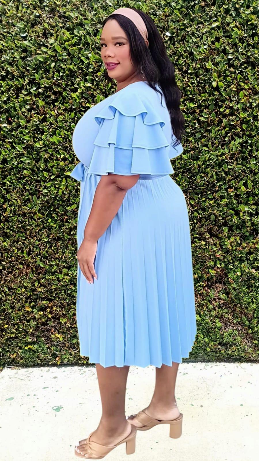 Plus Size double Ruffled Sleeves Pleated Flare Midi Dresses