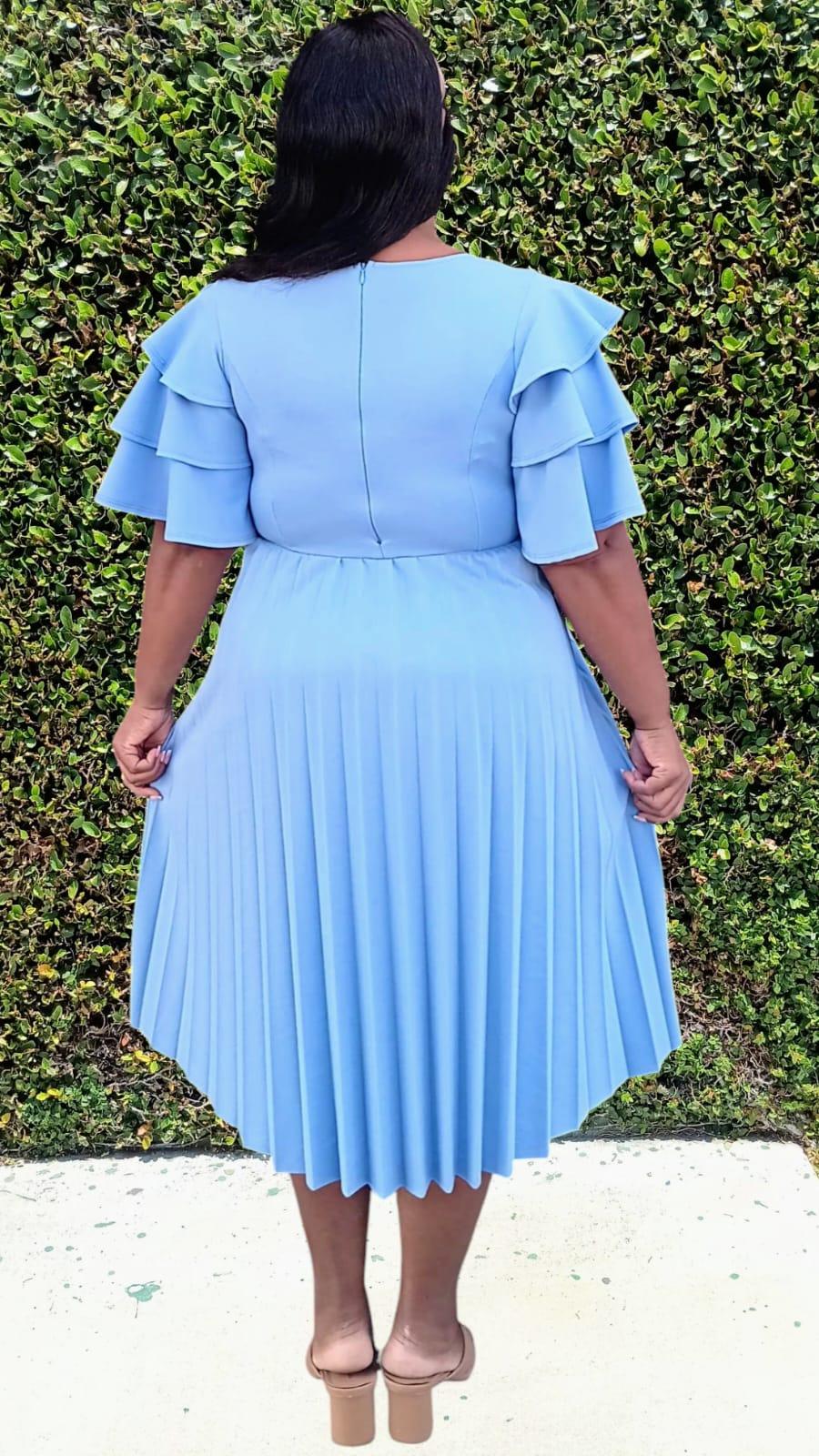 Plus Size double Ruffled Sleeves Pleated Flare Midi Dresses Made In USA