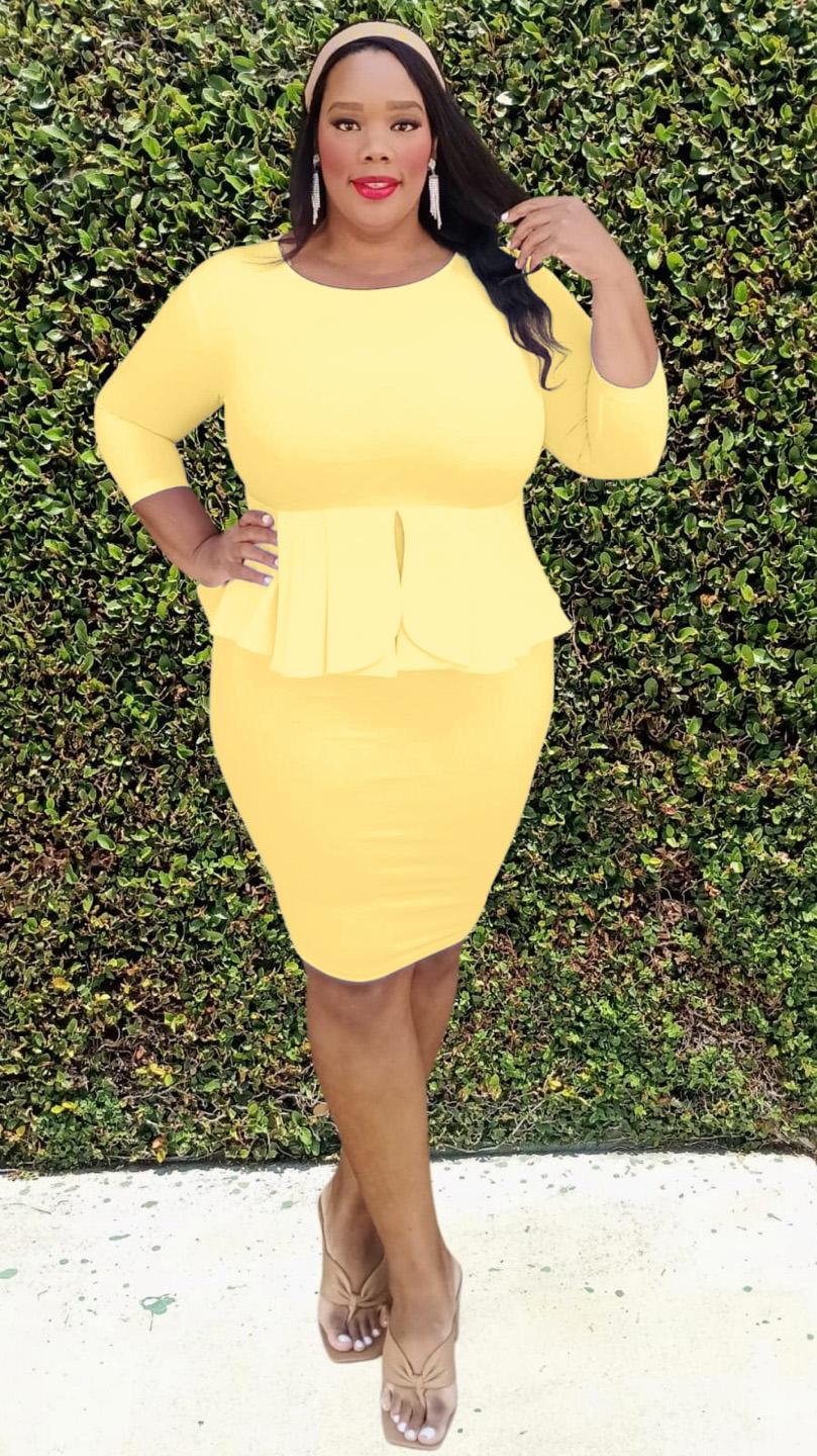 plus size long sleeve peplum dress Plus Size Long Sleeves Round Neck and Ruffled Hem Peplum Knee
